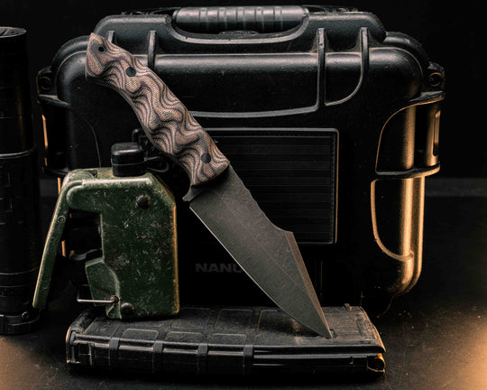 Widow Maker- Python Canvas Micarta, CF Pins, CF Lanyard Pin, Textured Grip