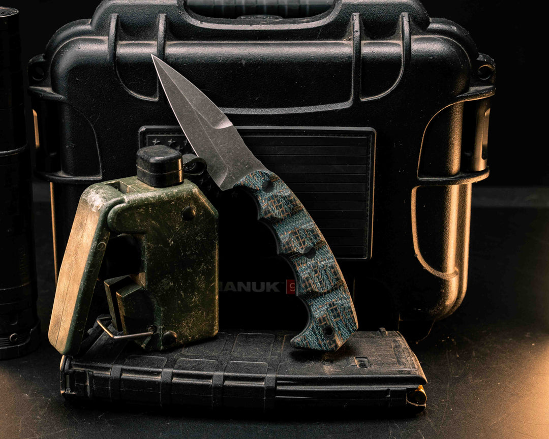 3" HUMINT- Kumari Burlap Micarta, CF Pins, CF Lanyard Pin, Textured Grip