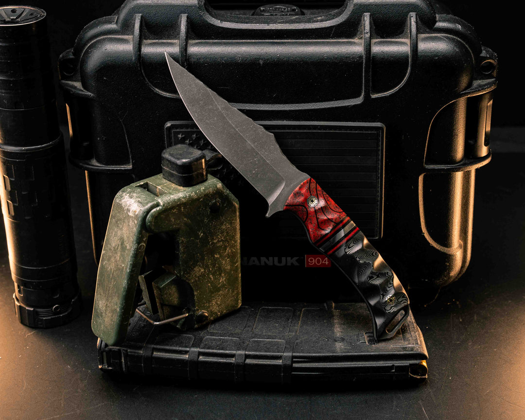 Tosahwi- Dark Red Topo GripX, Black G10, Cherry G10 and Aluminum Split, Black Dunes Carbon, Mosaic Pins, Textured Grip