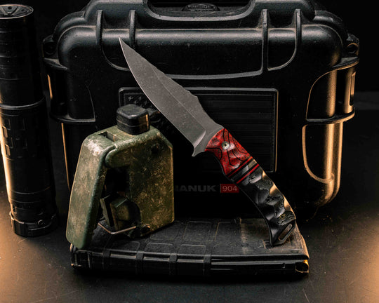 Tosahwi- Dark Red Topo GripX, Black G10, Cherry G10 and Aluminum Split, Black Dunes Carbon, Mosaic Pins, Textured Grip