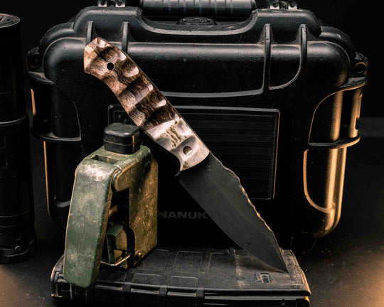 Field Knife- Elk Antler, Copper Split, Honduran Mahogany, Mosaic Pins, Copper Pins, Textured Grip
