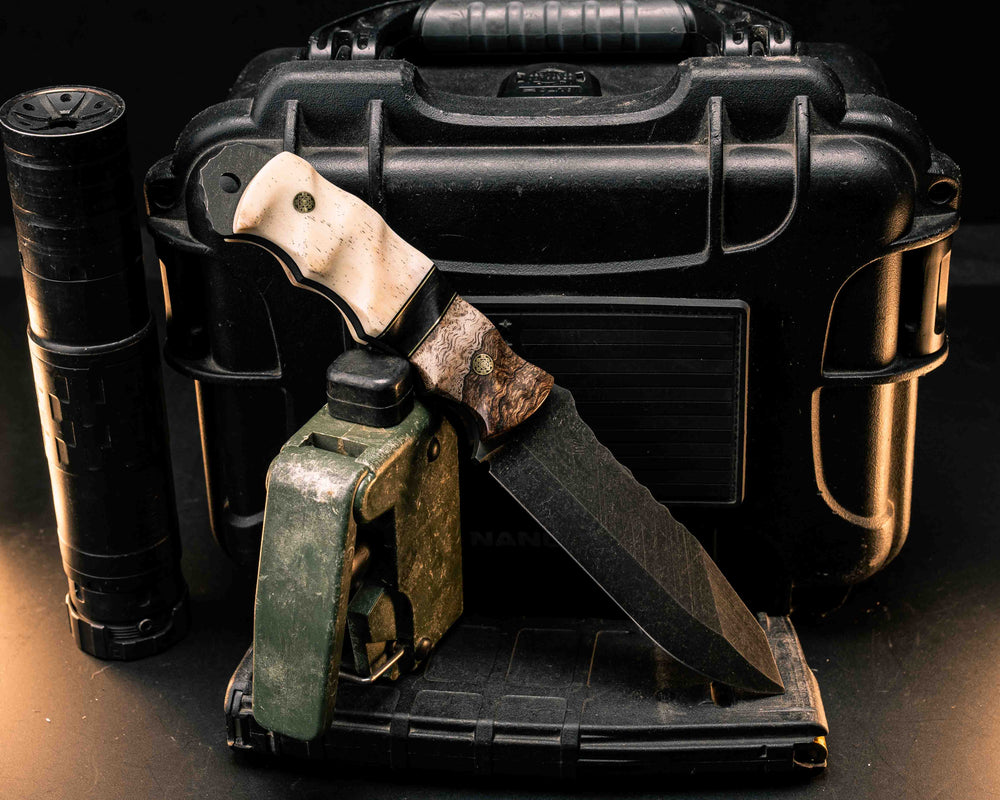 Disaster Breacher- Honduran Mahogany, Black G10 and Brass Pin Striping, African Blackwood Split, Giraffe Bone, Mosaic Pins, Textured Grip