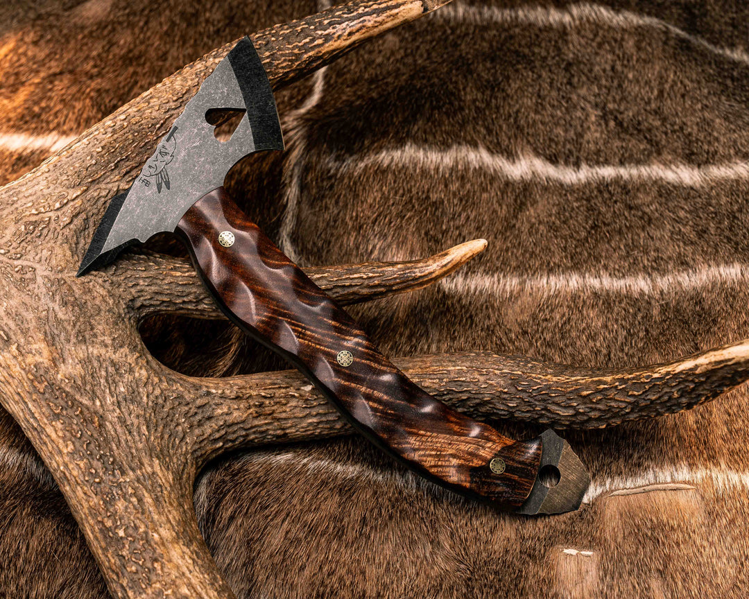 Mini Bleeding Heart Hawk- Hawaiian Curly Koa, Mosaic Pins, Textured Grip