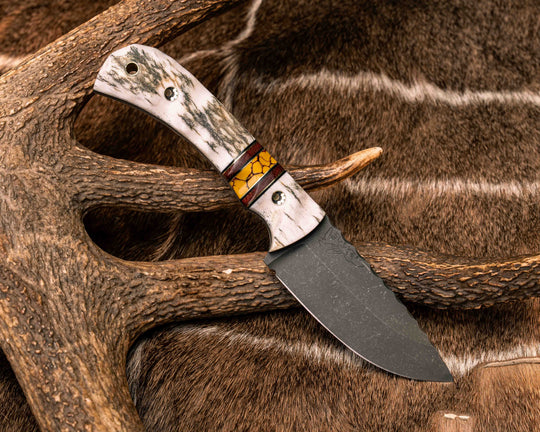 Cavner- Elk Antler, Black G10 and Brass Pin Striping, Brown Canvas Micarta and Yellow Dino Bone Tru-stone Split, Mosaic Pins, Brass Lanyard Pin, Textured Grip