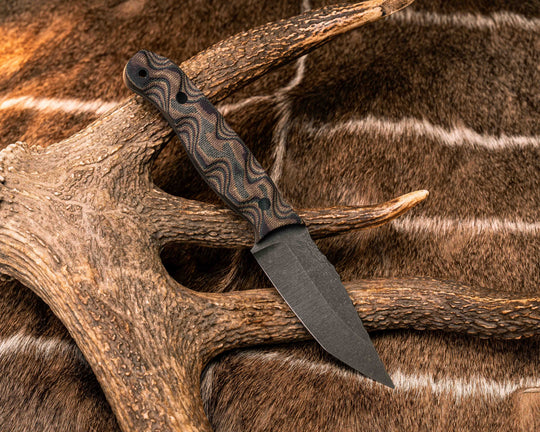Crow Jr Tanto- Python Canvas Micarta, CF Pins, CF Lanyard Pin, Textured Grip