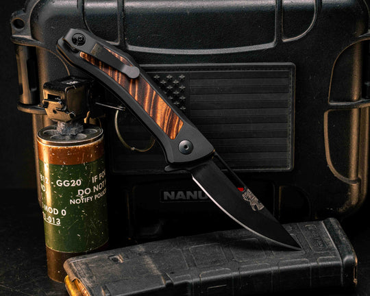 Custom Kwaiken Folder - Hawaiian Curly Koa, Anodized Black Handle, Black Nitride Blade, Textured Grip, Deep Carry Pocket Clip