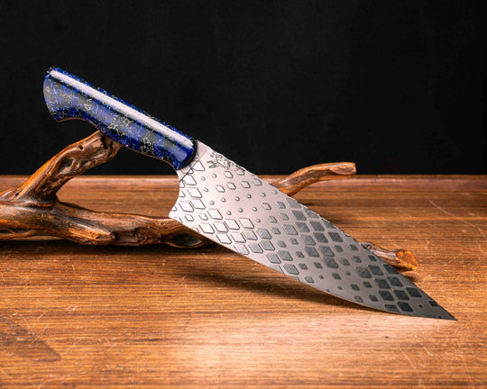 Chef Blade- Crushed Black with White Web Tru-stone and Crushed Sodalite Tru-stone in Resin, CF Pins, Smooth Grip