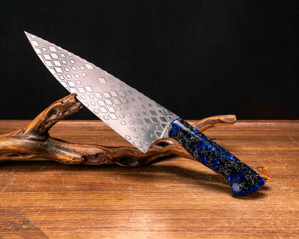 Chef Blade- Crushed Black with White Web Tru-stone and Crushed Sodalite Tru-stone in Resin, CF Pins, Smooth Grip