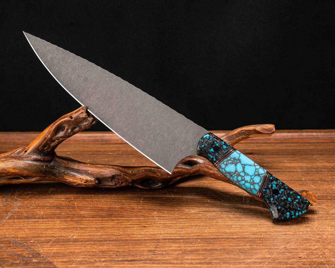 Chef Blade- Turquoise Rocky Wave Carbon, Black G10 and Copper Pin Striping, Turquoise with Copper Web Tru-stone Split, CF Pins, Smooth Grip