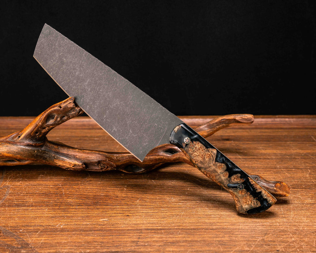 Nakiri- Amboyna Burl and Black Pearl Resin, Mosaic Pins, Smooth Grip