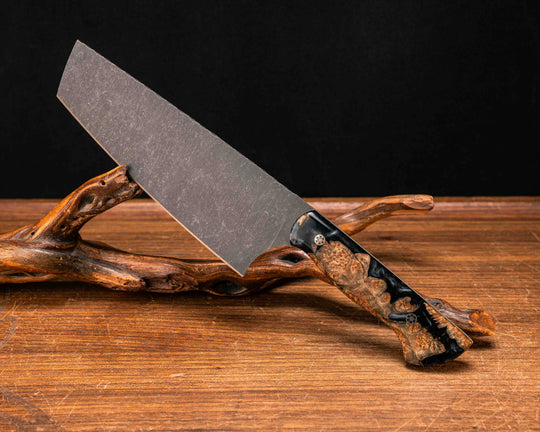 Nakiri- Amboyna Burl and Black Pearl Resin, Mosaic Pins, Smooth Grip
