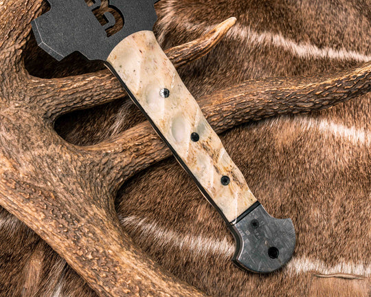 Macuahuitl- Giraffe Bone, Black G10 and Aluminum Split, Aletai Meteorite, Silver Mosaic Pins, CF Lanyard Pin, Textured Grip