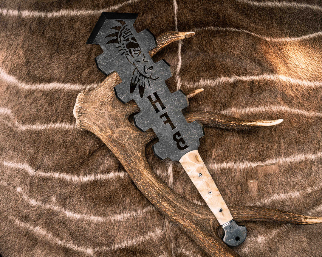 Macuahuitl- Giraffe Bone, Black G10 and Aluminum Split, Aletai Meteorite, Silver Mosaic Pins, CF Lanyard Pin, Textured Grip