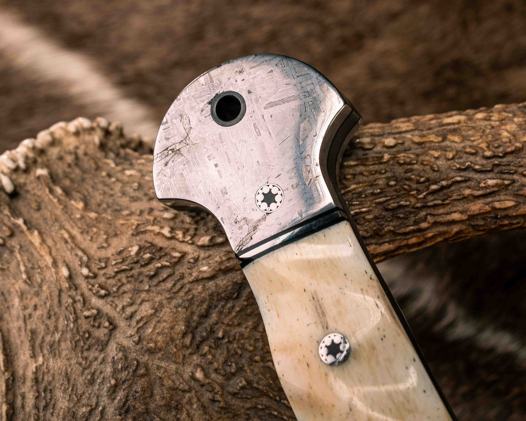 Macuahuitl- Giraffe Bone, Black G10 and Aluminum Split, Aletai Meteorite, Silver Mosaic Pins, CF Lanyard Pin, Textured Grip