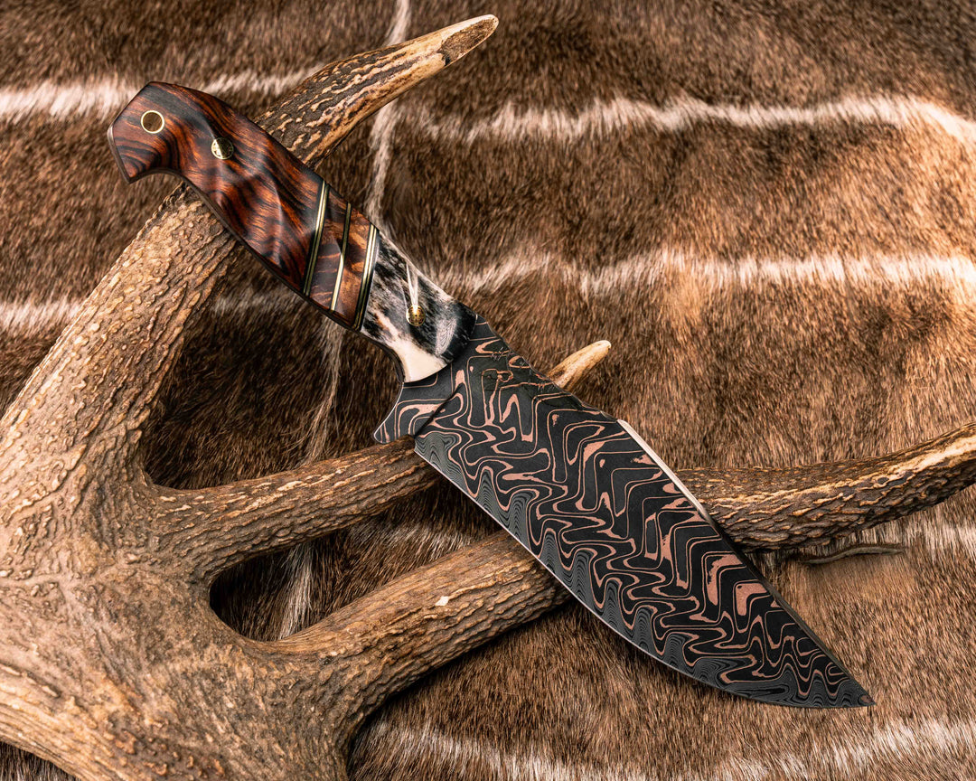 Bowie Jr- Baker Forge "Fury" Chevron CopperMai Damascus Core- Dyed Giraffe Bone, Black G10 and Brass Pin Striping, Hawaiian Curly Koa Split, Desert Ironwood, Mosaic Pins, Brass Lanyard Pin, Textured Grip