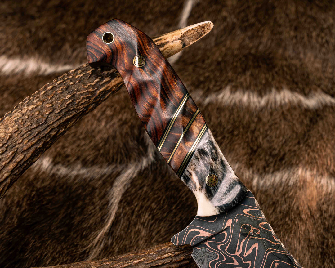 Bowie Jr- Baker Forge "Fury" Chevron CopperMai Damascus Core- Dyed Giraffe Bone, Black G10 and Brass Pin Striping, Hawaiian Curly Koa Split, Desert Ironwood, Mosaic Pins, Brass Lanyard Pin, Textured Grip