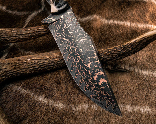 Bowie Jr- Baker Forge "Fury" Chevron CopperMai Damascus Core- Dyed Giraffe Bone, Black G10 and Brass Pin Striping, Hawaiian Curly Koa Split, Desert Ironwood, Mosaic Pins, Brass Lanyard Pin, Textured Grip