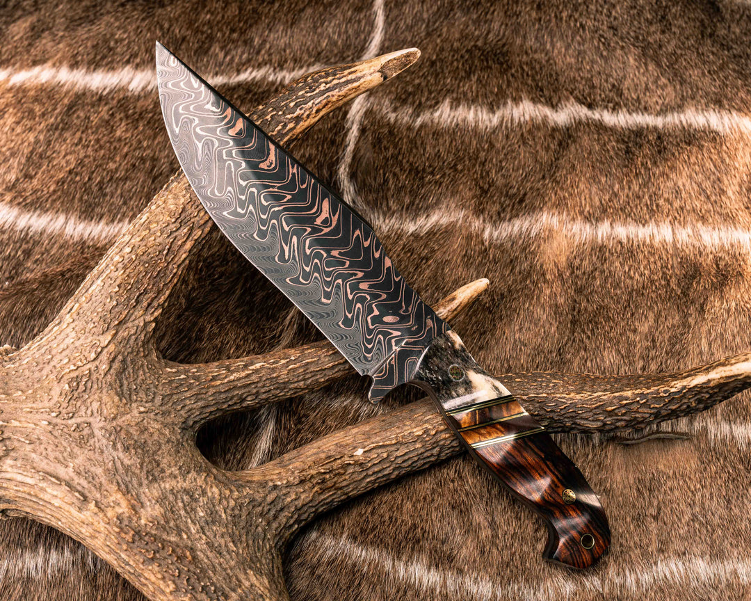 Bowie Jr- Baker Forge "Fury" Chevron CopperMai Damascus Core- Dyed Giraffe Bone, Black G10 and Brass Pin Striping, Hawaiian Curly Koa Split, Desert Ironwood, Mosaic Pins, Brass Lanyard Pin, Textured Grip