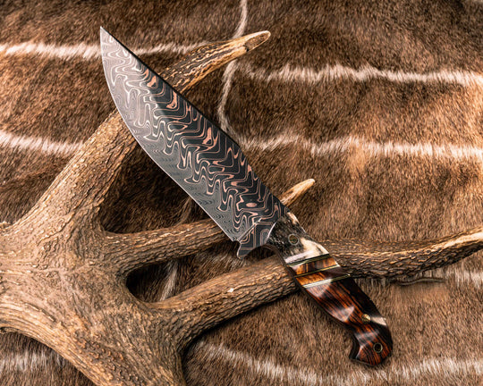 Bowie Jr- Baker Forge "Fury" Chevron CopperMai Damascus Core- Dyed Giraffe Bone, Black G10 and Brass Pin Striping, Hawaiian Curly Koa Split, Desert Ironwood, Mosaic Pins, Brass Lanyard Pin, Textured Grip