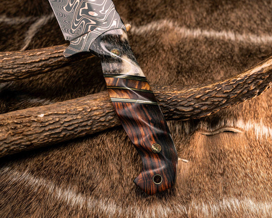 Bowie Jr- Baker Forge "Fury" Chevron CopperMai Damascus Core- Dyed Giraffe Bone, Black G10 and Brass Pin Striping, Hawaiian Curly Koa Split, Desert Ironwood, Mosaic Pins, Brass Lanyard Pin, Textured Grip