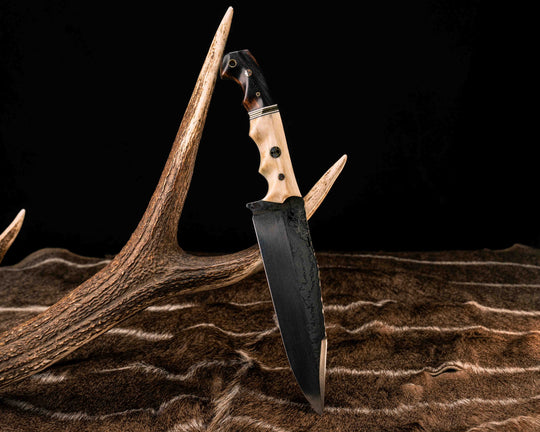 Ranch Knife- Baker Forge Wavy Pattern Damascus- Giraffe Bone, Black G10, White G10 and Brass Split, Desert Ironwood, Mosaic Pins, 3/8" Mosaic Pin, 1/8" Mosaic Pin, Brass Lanyard Pin, Textured Grip