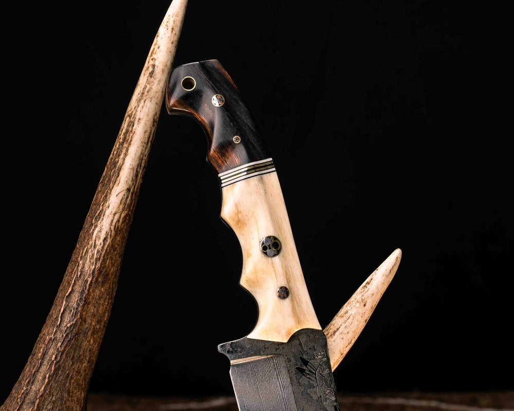 Ranch Knife- Baker Forge Wavy Pattern Damascus- Giraffe Bone, Black G10, White G10 and Brass Split, Desert Ironwood, Mosaic Pins, 3/8" Mosaic Pin, 1/8" Mosaic Pin, Brass Lanyard Pin, Textured Grip
