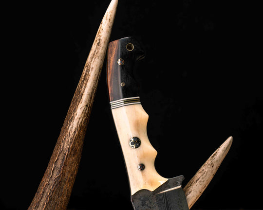 Ranch Knife- Baker Forge Wavy Pattern Damascus- Giraffe Bone, Black G10, White G10 and Brass Split, Desert Ironwood, Mosaic Pins, 3/8" Mosaic Pin, 1/8" Mosaic Pin, Brass Lanyard Pin, Textured Grip