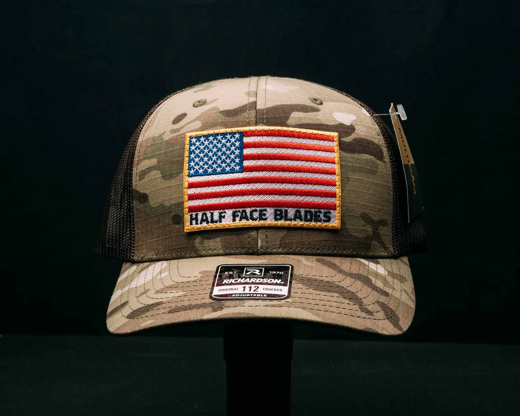 Split Multicam Brown HFB American Flag Patch Trucker Hat