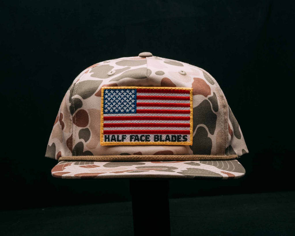 Harvest Duck Camo w/Light Brown Rope/ HFB American Flag Patch Hat