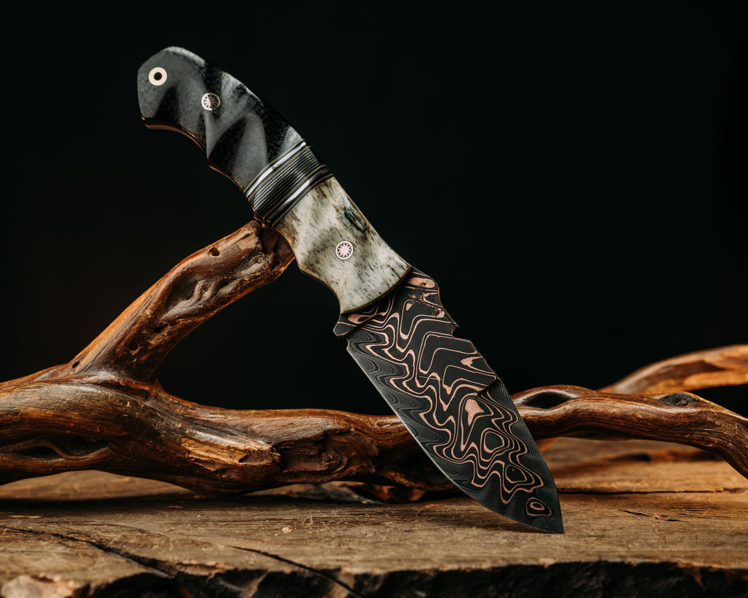Notched Disaster Breacher- Baker Forge "Fury" Chevron CopperMai Dama Core- Dyed Giraffe Bone, Black G10, OD Green G10 & Aluminum Pin Striping, Silver Dragon Strike Carbon Split, Black Burlap Micarta, Mosaic Pins, Brass Lanyard Pin, Textured Grip