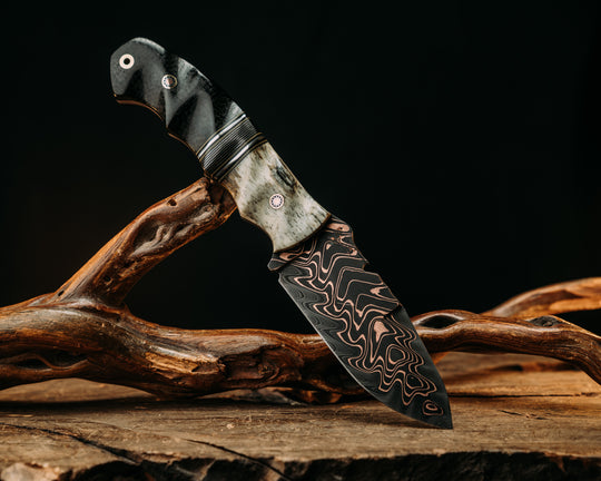 Notched Disaster Breacher- Baker Forge "Fury" Chevron CopperMai Dama Core- Dyed Giraffe Bone, Black G10, OD Green G10 & Aluminum Pin Striping, Silver Dragon Strike Carbon Split, Black Burlap Micarta, Mosaic Pins, Brass Lanyard Pin, Textured Grip