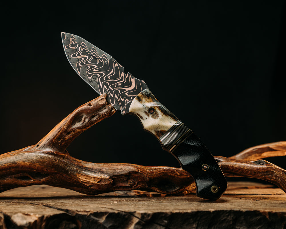 Notched Disaster Breacher- Baker Forge "Fury" Chevron CopperMai Dama Core- Dyed Giraffe Bone, Black G10, OD Green G10 & Aluminum Pin Striping, Silver Dragon Strike Carbon Split, Black Burlap Micarta, Mosaic Pins, Brass Lanyard Pin, Textured Grip