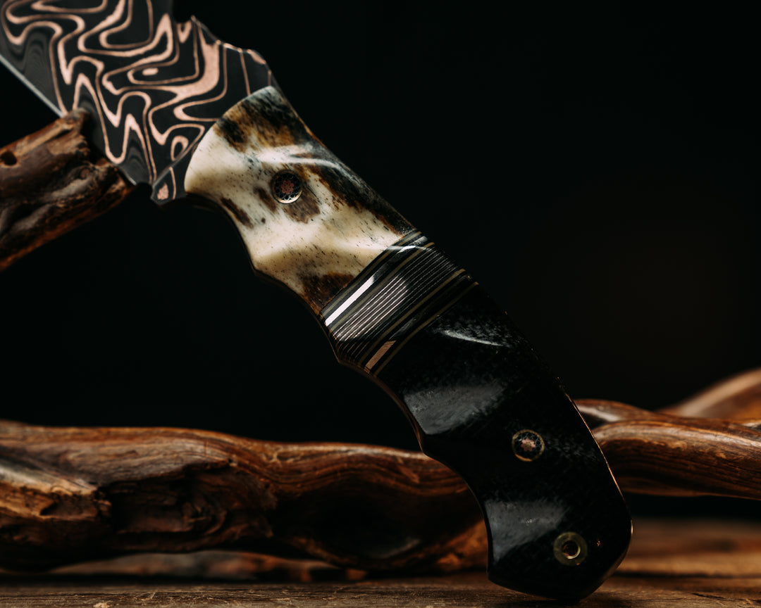 Notched Disaster Breacher- Baker Forge "Fury" Chevron CopperMai Dama Core- Dyed Giraffe Bone, Black G10, OD Green G10 & Aluminum Pin Striping, Silver Dragon Strike Carbon Split, Black Burlap Micarta, Mosaic Pins, Brass Lanyard Pin, Textured Grip