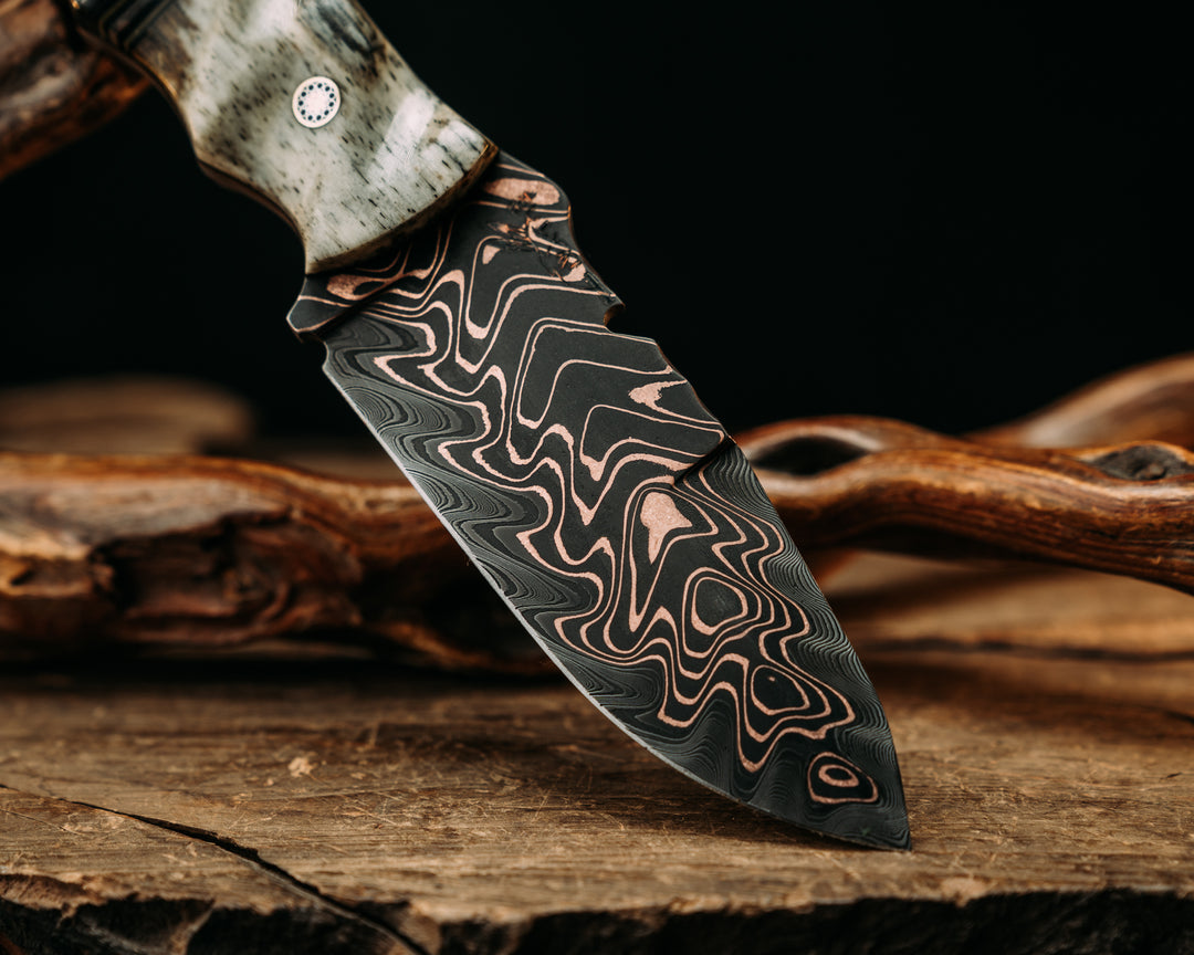 Notched Disaster Breacher- Baker Forge "Fury" Chevron CopperMai Dama Core- Dyed Giraffe Bone, Black G10, OD Green G10 & Aluminum Pin Striping, Silver Dragon Strike Carbon Split, Black Burlap Micarta, Mosaic Pins, Brass Lanyard Pin, Textured Grip