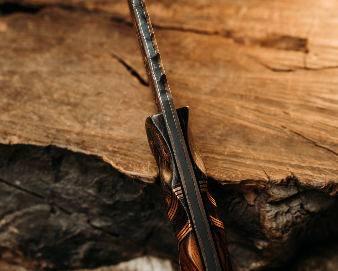 Cavner- Baker Forge CopperMai Raindrop Ni Shim- Copper Dark Matter Carbon, Black G10 and Copper Pin Striping, Copper Dark Matter Carbon Split, Desert Ironwood, Copper Patriot Mosaic Pins, Copper Lanyard Pin, Textured Grip