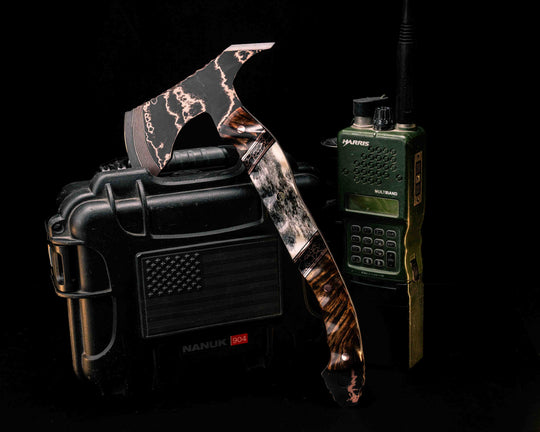 Recce Alpha Hawk- Baker Forge Random Patter CopperMai- Hawaiian Curly Koa, Black G10 and Copper Pin Striping, Dyed Giraffe Bone Split, Copper Pins, Half Face Mosaic Pin, Textured Grip