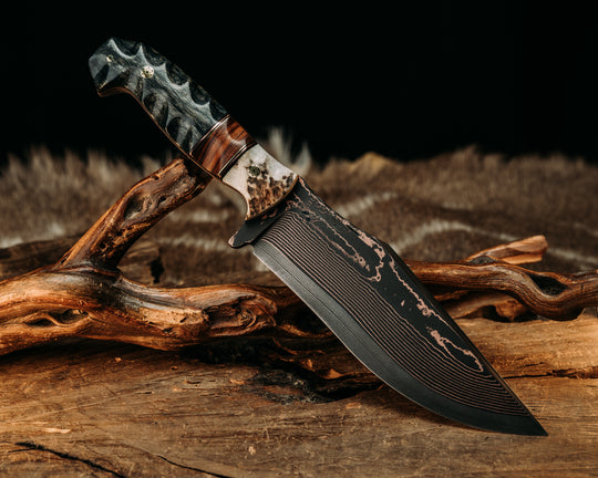 Bowie Jr- Baker Forge Wavy Pattern CopperMai- Elk Antler, Copper and Brass Pin Striping, Desert Ironwood Split, Dyed Giraffe Bone, Brass Mosaic Pins, Textured Grip