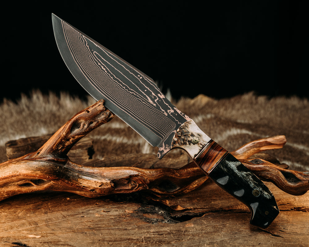 Bowie Jr- Baker Forge Wavy Pattern CopperMai- Elk Antler, Copper and Brass Pin Striping, Desert Ironwood Split, Dyed Giraffe Bone, Brass Mosaic Pins, Textured Grip