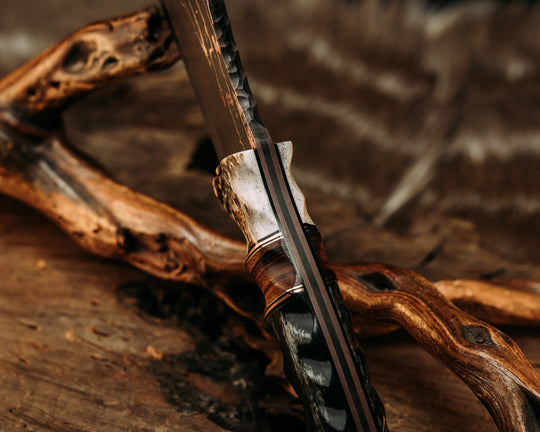 Bowie Jr- Baker Forge Wavy Pattern CopperMai- Elk Antler, Copper and Brass Pin Striping, Desert Ironwood Split, Dyed Giraffe Bone, Brass Mosaic Pins, Textured Grip