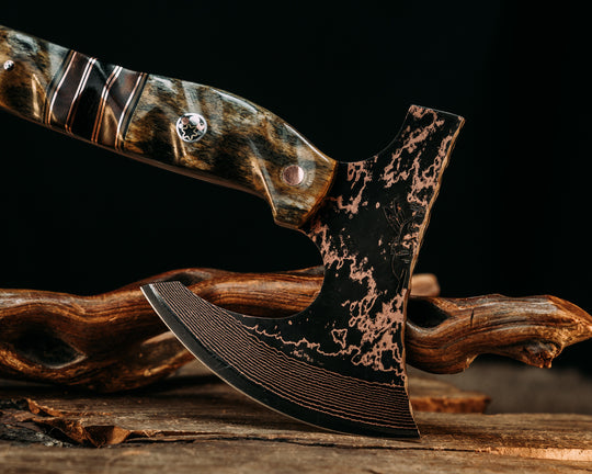 Mini Viking Hawk- Baker Forge Wavy Pattern CopperMai- Giraffe Bone, Black G10 and Coyote G10 Pin Striping, Desert Ironwood, Copper and Burlap Micarta Split, Mosaic Pins, Copper Pins, Textured Grip