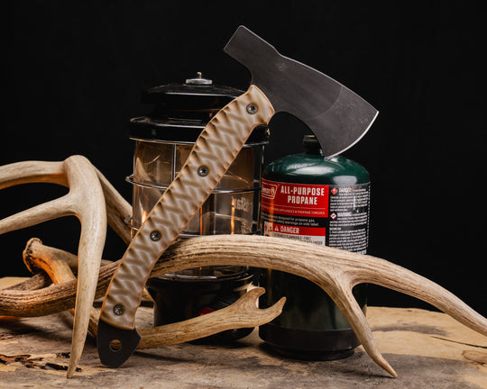 Camp Hatchet- Ghost/Coyote G10, Ti Torx Bolts, Chaos Grip