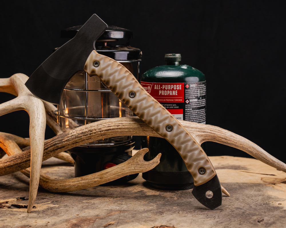 Camp Hatchet- Ghost/Coyote G10, Ti Torx Bolts, Chaos Grip