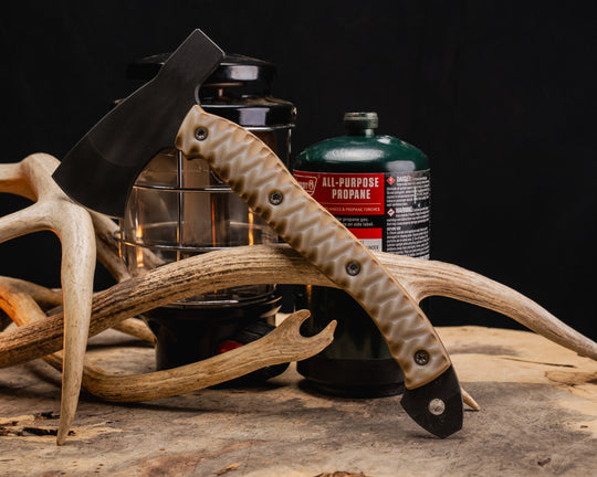 Camp Hatchet- Ghost/Coyote G10, Ti Torx Bolts, Chaos Grip