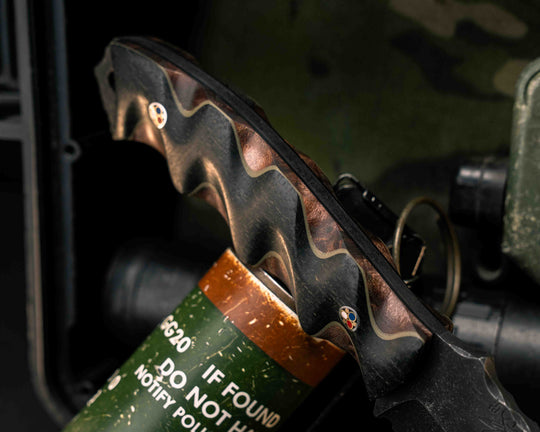 Disaster Breacher- Black Burlap Micarta Over OD Green G10 and Redwood Burl, Patriot Mosaic Pins, Textured Grip
