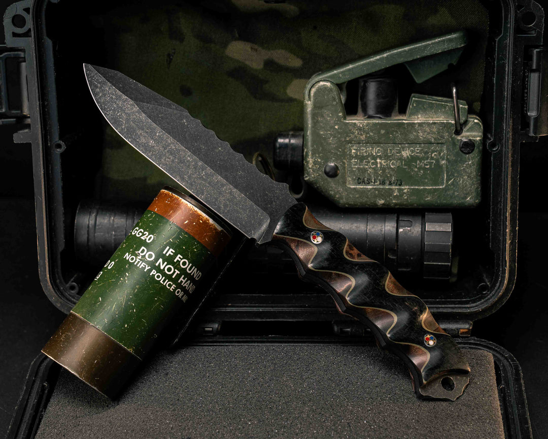 Disaster Breacher- Black Burlap Micarta Over OD Green G10 and Redwood Burl, Patriot Mosaic Pins, Textured Grip