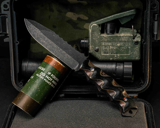 Disaster Breacher- Black Burlap Micarta Over OD Green G10 and Redwood Burl, Patriot Mosaic Pins, Textured Grip