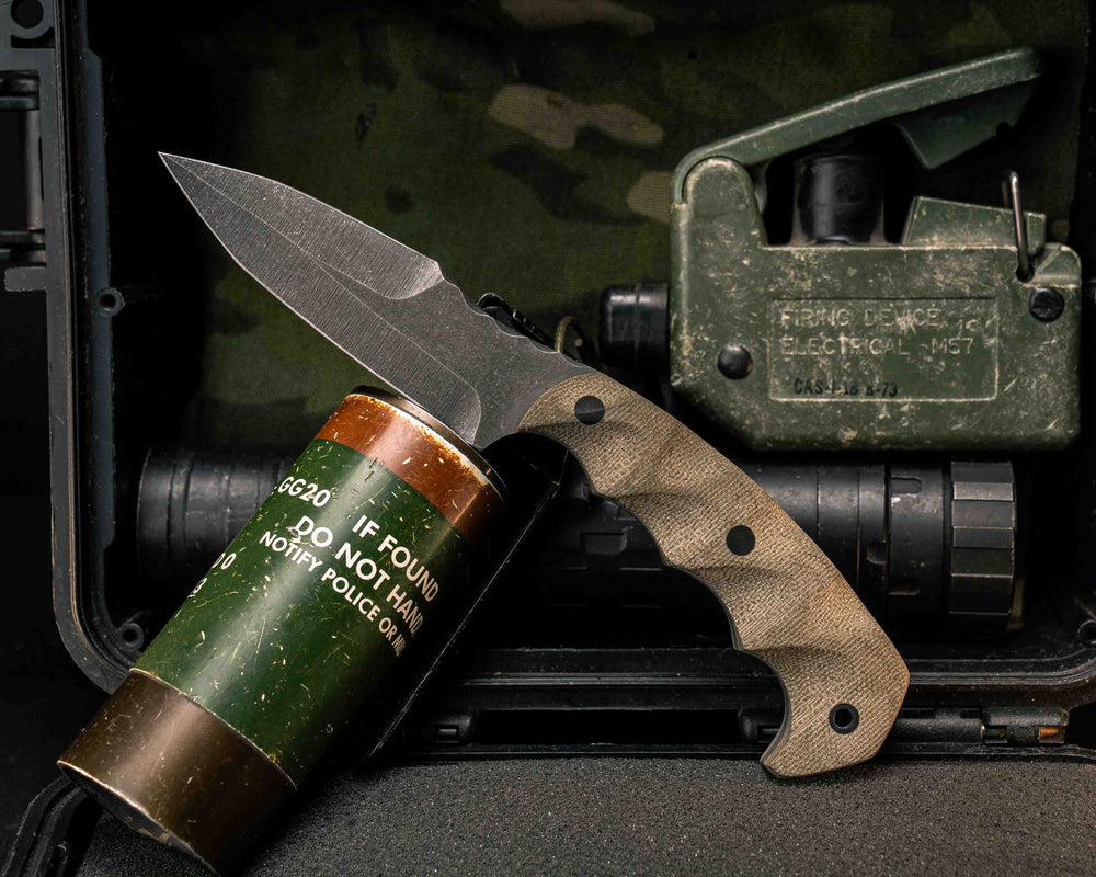 Modified 4" HUMINT Tanto- OD Green G10, CF Pins, CF Lanyard Pin, Textured Grip