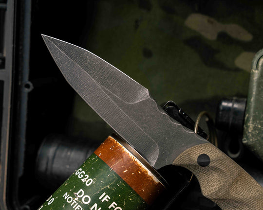 Modified 4" HUMINT Tanto- OD Green G10, CF Pins, CF Lanyard Pin, Textured Grip