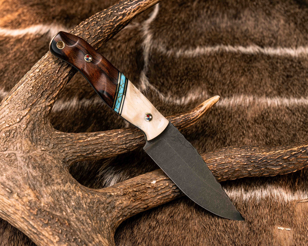 Crow Jr- Giraffe Bone, Black G10 and Brass Pin Striping, Turquoise with Gold Web, Desert Ironwood, Patriot Mosaic Pins, Brass Lanyard Pin, Textured Grip