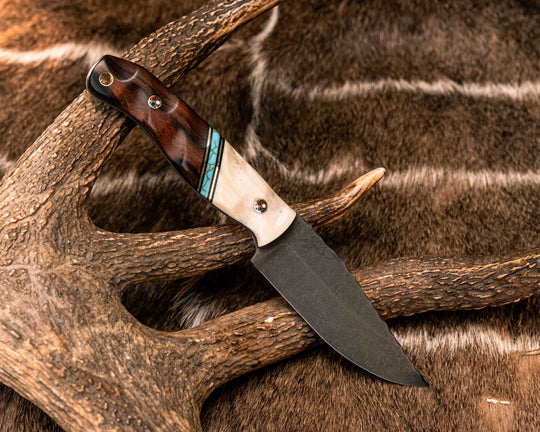 Crow Jr- Giraffe Bone, Black G10 and Brass Pin Striping, Turquoise with Gold Web, Desert Ironwood, Patriot Mosaic Pins, Brass Lanyard Pin, Textured Grip